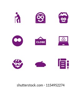 glasses icon. 9 glasses set with close, old man walking, nerd vector icons for web and mobile app