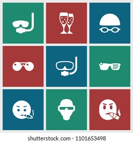 Glasses icon. collection of 9 glasses filled icons such as smoking emot. editable glasses icons for web and mobile.