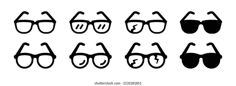 Colección de iconos de lentes. Contiene gafas de sol, anteojos y un icono de gafas rotas.