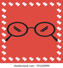 Glasses icon flat. Simple black pictogram on red background with white hearts for valentines day. Vector illustration symbol
