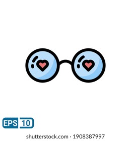 glasses icon with heart illustration in filled line style isolated on white background. sign symbol for valentine's day. EPS 10