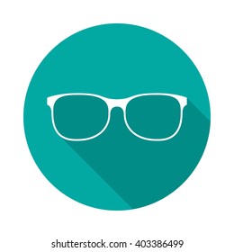 Glasses icon with long shadow. Flat design style. Round icon. Glasses silhouette. Simple green circle icon. Modern flat icon in stylish colors. Web site page and mobile app design element.