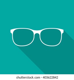 Glasses icon with long shadow. Flat design style. Glasses silhouette. Simple green icon. Modern flat icon in stylish colors. Web site page and mobile app design element.