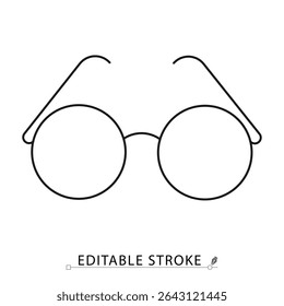 Glasses icon in minimal line style with editable stroke. Eyewear accessory, round spectacles, optical vision tool, reading glasses concept, fashion symbol, education element, intellectual visual.
