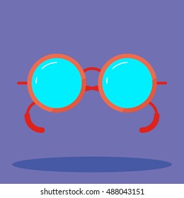 Glasses Icon on purple background with shadow. Eyeglass. Spectacles. Vision. Look. Eyes. An isolated object in modern style. Hipster style. Vintage. Flat thing. Fashionable design. Poor eyesight.