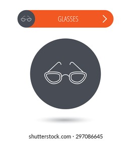 Glasses icon. Reading accessory sign. Gray flat circle button. Orange button with arrow. Vector