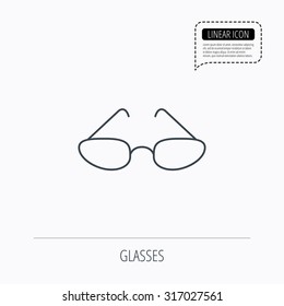 Glasses icon. Reading accessory sign. Linear outline icon. Speech bubble of dotted line. Vector