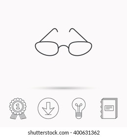 Glasses icon. Reading accessory sign. Download arrow, lamp, learn book and award medal icons.