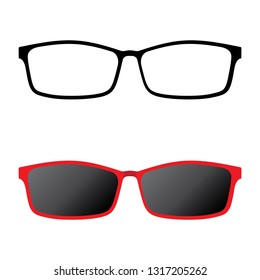 Glasses icon and red sunglasses isolated on white background.