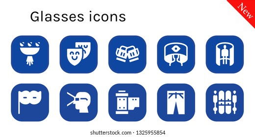 glasses icon set. 10 filled glasses icons.  Collection Of - Bouquet, Theater, Toast, 360 panorama, panorama 360 , Eye mask, Virtual reality, Reel, Trousers, Ski