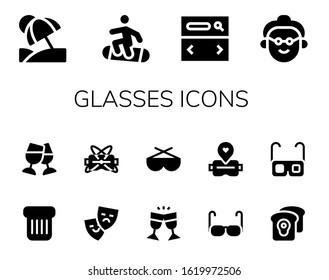 glasses icon set. 14 filled glasses icons.  Simple modern icons such as: Vacation, Snowboard, Searcher, Grandmother, Toast, Theater, Virtual reality, Glasses, Sunglasses