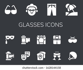 glasses icon set. 14 filled glasses icons. Included Glasses, Grandmother, Trousers, Vacation, Film, Eye mask, Theatre, Reel, Toast, Theater, Clothes, Bouquet, Sunglasses icons