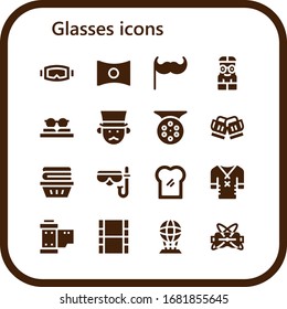 glasses icon set. 16 filled glasses icons. Included Diving mask, Panorama, Moustache, Nerd, Sunglasses, Gentleman, Reel, Toast, Clothes, Movie, Hologram, Virtual reality icons