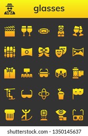 glasses icon set. 26 filled glasses icons.  Collection Of - Film, Invisible man, Glasses, Diving mask, Nerd, Toast, Ski, Panorama, Bow tie, Theater, panorama 360 , Cinema, Reel