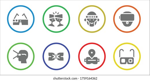 glasses icon set. 8 filled glasses icons.  Simple modern icons such as: Virtual glasses, Virtual reality, Toast, Bow tie, Hipster, Vr