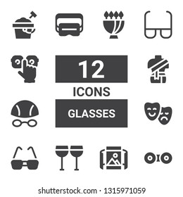 glasses icon set. Collection of 12 filled glasses icons included Contact lens, Panoramic view, Glasses, Theater, Goggles, Clothes, Virtual reality, Eye Sand bucket, Bouquet