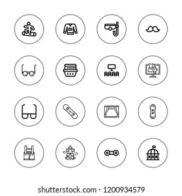 Glasses icon set. collection of 16 outline glasses icons with clothes, cinema, contact lens, diving mask, glasses, mustache, nerd, theatre, snowboard, snowboarding icons.