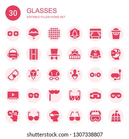 glasses icon set. Collection of 30 filled glasses icons included Vr, Bouquet, Cloth, Virtual reality, Theater, Cinema, Costume, Clothes, Goggles, Hologram, Contact lens, Eye glasses