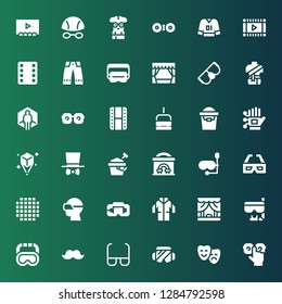glasses icon set. Collection of 36 filled glasses icons included Eye glasses, Theater, Safety glasses, Mustache, Goggles, Lab coat, Virtual reality, Vr Cloth