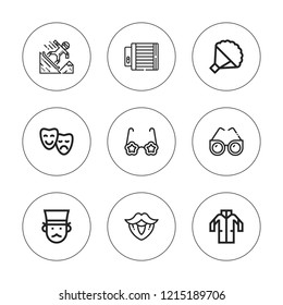 Glasses icon set. collection of 9 outline glasses icons with beard, bouquet, gentleman, lab coat, lens, theater, snowboarding icons. editable icons.
