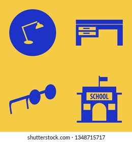 glasses icon set with school, desk and desk table lamp vector illustration