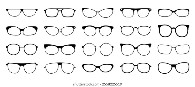 Glasses icon set. Silhouettes glasses isolated. Vision, eyes, clarity. Hipster, nerd, style.