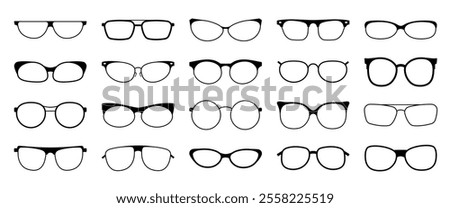 Glasses icon set. Silhouettes glasses isolated. Vision, eyes, clarity. Hipster, nerd, style.