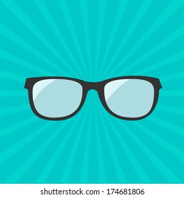 Glasses icon. Sunburst background. Vector illustration.