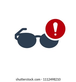 Glasses icon, Tools and utensils icon with exclamation mark. Glasses icon and alert, error, alarm, danger symbol. Vector illustration