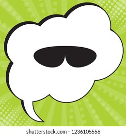 Glasses icon. Vector. Black icon in speech bubble at popart yellow green background.