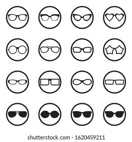 Glasses Icons. Black Flat Design In Circle. Vector Illustration.