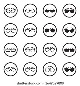 Glasses Icons. Black Flat Design In Circle. Vector Illustration.