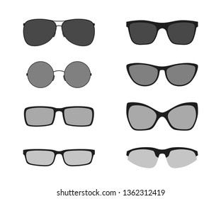 Glasses icons, isolated on white background. Black silhouettes of modern glasses