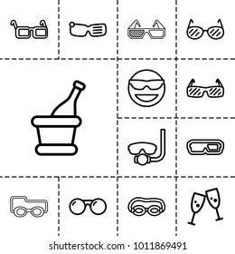 Glasses icons. set of 13 editable outline glasses icons such as emot in sun glasses, underwater mask