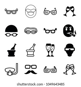 Glasses icons. set of 16 editable filled and outline glasses icons such as glasses, champagne, underwater mask