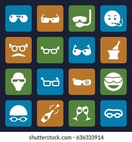 Glasses icons set. set of 16 glasses filled icons such as mustache and glasses, smoking emot, champagne