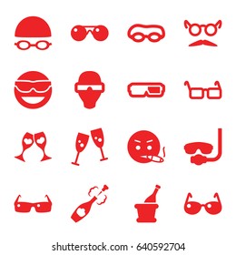 Glasses icons set. set of 16 glasses filled icons such as mustache and glasses, smoking emot, champagne
