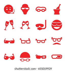 Glasses icons set. set of 16 glasses filled icons such as mustache and glasses, smoking emot, champagne