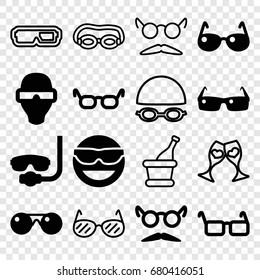 Glasses icons set. set of 16 glasses filled and outline icons such as mustache and glasses, champagne