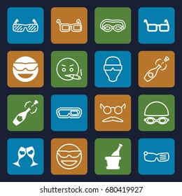 Glasses icons set. set of 16 glasses filled and outline icons such as emot in sun glasses, champagne