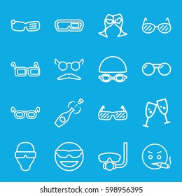 glasses icons set. Set of 16 glasses outline icons such as mustache and glasses, champagne, smoking emot