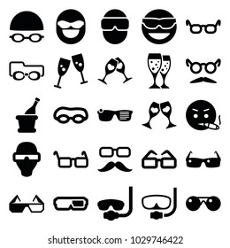 Glasses icons. set of 25 editable filled glasses icons such as mustache and glasses, smoking emot, underwater mask