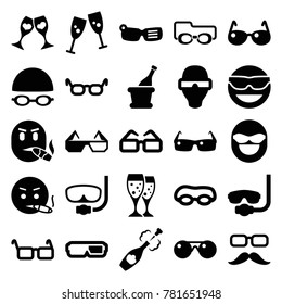 Glasses icons. set of 25 editable filled glasses icons such as glasses, smoking emot, underwater mask