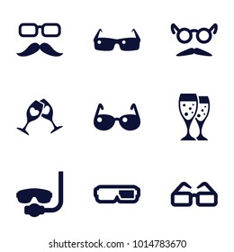 Glasses icons. set of 9 editable filled glasses icons such as mustache and glasses