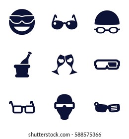 glasses icons set. Set of 9 glasses filled icons such as emot in sun glasses