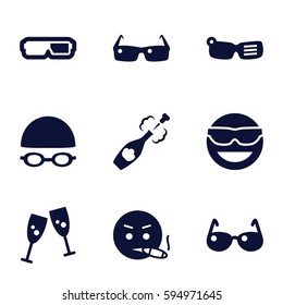 glasses icons set. Set of 9 glasses filled icons such as emot in sun glasses, smoking emot