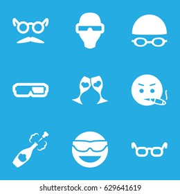 Glasses icons set. set of 9 glasses filled icons such as smoking emot