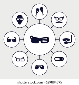 Glasses icons set. set of 9 glasses filled icons such as mustache and glasses