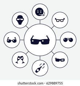 Glasses icons set. set of 9 glasses filled icons such as smoking emot, clink glasses