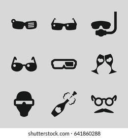Glasses icons set. set of 9 glasses filled icons such as mustache and glasses, champagne